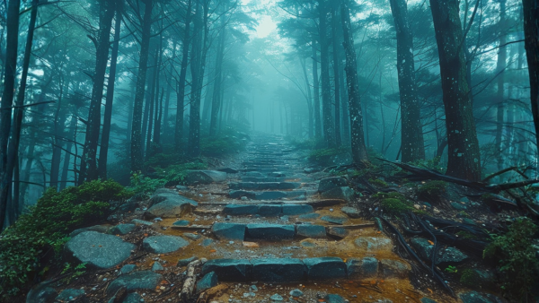 Revenue Cycle Management process represented by stepping stones across a calm stream, symbolizing each stage from patient registration to denial management