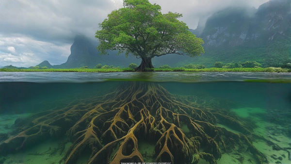 What is Revenue Cycle Management represented by a rooted plant ecosystem, symbolizing connected healthcare billing and revenue functions
